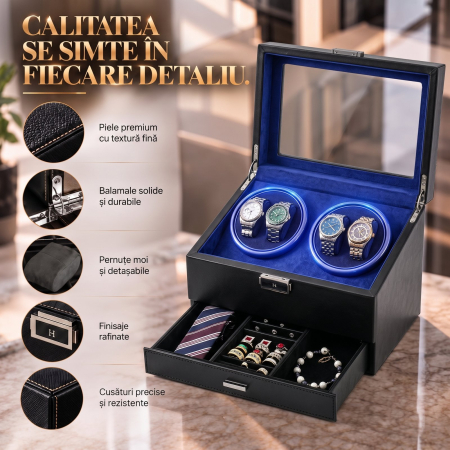 Cutie intors ceasuri automatice, Organizator 6 ceasuri cu compartiment bijuterii, Watch Winder Premium, 4 programe presetate, Alimentare la priza [3]