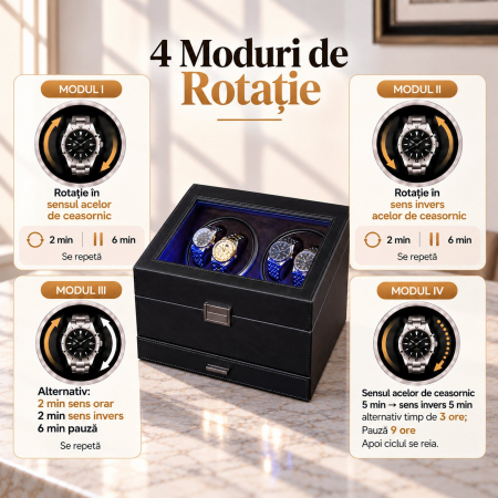 Cutie intors ceasuri automatice, Organizator 6 ceasuri cu compartiment bijuterii, Watch Winder Premium, 4 programe presetate, Alimentare la priza [4]