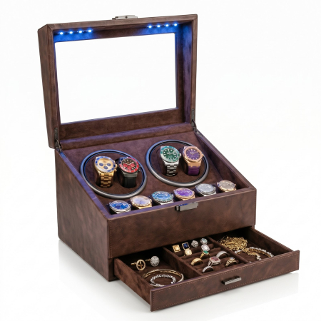 CUTII SI ACCESORII - Cutie intors ceasuri automatice, Organizator 6 ceasuri cu compartiment bijuterii, Watch Winder Premium, 4 programe presetate, Alimentare la priza