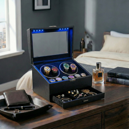 Cutie intors ceasuri automatice, Organizator 6 ceasuri cu compartiment bijuterii, Watch Winder Premium, 4 programe presetate, Alimentare la priza [1]