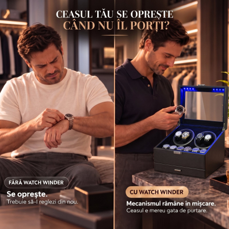 Cutie intors ceasuri automatice, Organizator 6 ceasuri cu compartiment bijuterii, Watch Winder Premium, 4 programe presetate, Alimentare la priza [2]