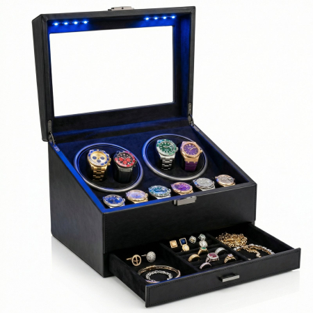 CUTII SI ACCESORII - Cutie intors ceasuri automatice, Organizator 6 ceasuri cu compartiment bijuterii, Watch Winder Premium, 4 programe presetate, Alimentare la priza