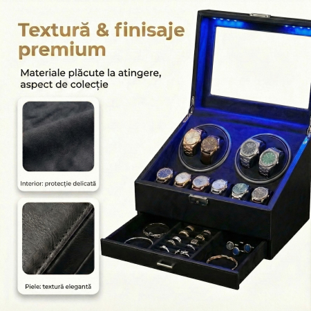 Cutie intors ceasuri automatice, Organizator 6 ceasuri cu compartiment bijuterii, Watch Winder Premium, 4 programe presetate, Alimentare la priza [5]