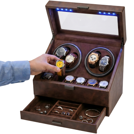 CUTII SI ACCESORII - Cutie intors ceasuri automatice, Organizator 6 ceasuri cu compartiment bijuterii, Watch Winder Premium, 4 programe presetate, Alimentare la priza