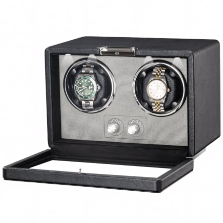 CUTII SI ACCESORII - Cutie Intors Ceasuri Automatice, Watch Winder Premium W161, Rotator pentru 2 Ceasuri Automate cu 4 programe presetate, Iluminare LED, Alimentare la Priza sau Baterii