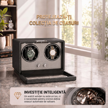 Cutie Intors Ceasuri Automatice, Watch Winder Premium W161, Rotator pentru 2 Ceasuri Automate cu 4 programe presetate, Iluminare LED, Alimentare la Priza sau Baterii [8]