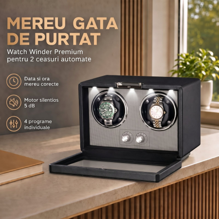 Cutie Intors Ceasuri Automatice, Watch Winder Premium W161, Rotator pentru 2 Ceasuri Automate cu 4 programe presetate, Iluminare LED, Alimentare la Priza sau Baterii [3]