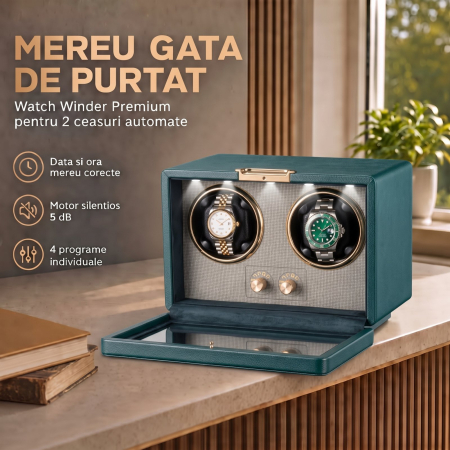 Cutie Intors Ceasuri Automatice, Watch Winder Premium W161, Rotator pentru 2 Ceasuri Automate cu 4 programe presetate, Iluminare LED, Alimentare la Priza sau Baterii [3]