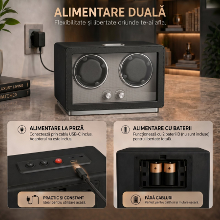 Cutie Intors Ceasuri Automatice, Watch Winder Premium W161, Rotator pentru 2 Ceasuri Automate cu 4 programe presetate, Iluminare LED, Alimentare la Priza sau Baterii [5]
