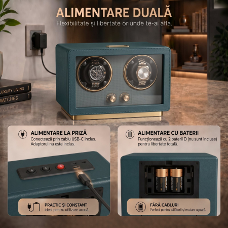 Cutie Intors Ceasuri Automatice, Watch Winder Premium W161, Rotator pentru 2 Ceasuri Automate cu 4 programe presetate, Iluminare LED, Alimentare la Priza sau Baterii [5]