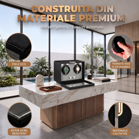Cutie Intors Ceasuri Automatice, Watch Winder Premium W161, Rotator pentru 2 Ceasuri Automate cu 4 programe presetate, Iluminare LED, Alimentare la Priza sau Baterii [4]