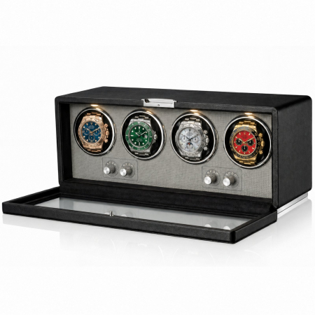 CUTII SI ACCESORII - Cutie întors ceasuri automatice, Watch Winder Premium W162B, Rotator pentru 4 ceasuri automate, Motor silențios, 4 programe presetate, Iluminare LED, Alimentare la priză