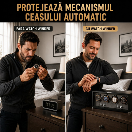 Cutie întors ceasuri automatice, Watch Winder Premium W162B, Rotator pentru 4 ceasuri automate, Motor silențios, 4 programe presetate, Iluminare LED, Alimentare la priză [3]