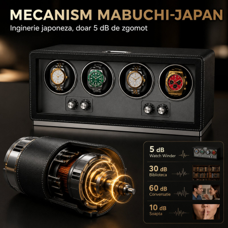 Cutie întors ceasuri automatice, Watch Winder Premium W162B, Rotator pentru 4 ceasuri automate, Motor silențios, 4 programe presetate, Iluminare LED, Alimentare la priză [5]