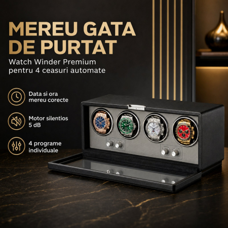 Cutie întors ceasuri automatice, Watch Winder Premium W162B, Rotator pentru 4 ceasuri automate, Motor silențios, 4 programe presetate, Iluminare LED, Alimentare la priză [2]