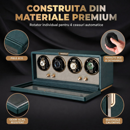 Cutie întors ceasuri automatice, Watch Winder Premium W162B, Rotator pentru 4 ceasuri automate, Motor silențios, 4 programe presetate, Iluminare LED, Alimentare la priză [4]