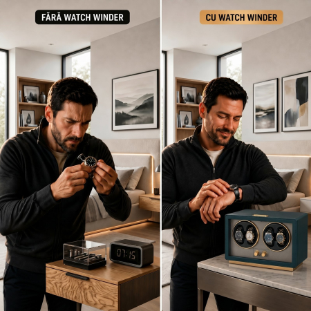Cutie Intors Ceasuri Automatice, Watch Winder Premium W163, Rotator pentru Ceasuri Automate cu 4 programe presetate, Iluminare LED, Alimentare la Priza sau Baterii [2]