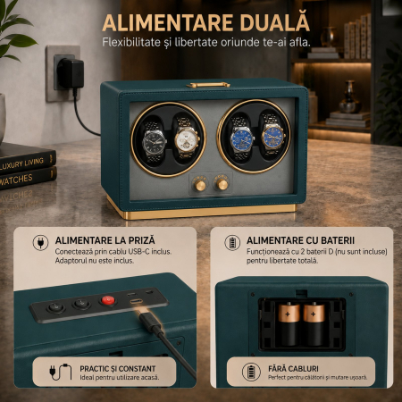 Cutie Intors Ceasuri Automatice, Watch Winder Premium W163, Rotator pentru Ceasuri Automate cu 4 programe presetate, Iluminare LED, Alimentare la Priza sau Baterii [7]