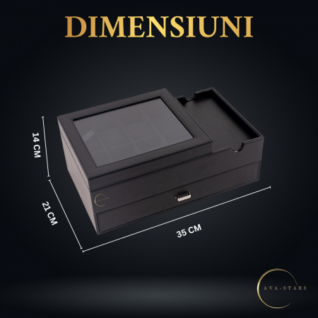 Cutie pentru ceasuri si accesorii, Exterior din Fibra de Carbon si Piele Ecologica, Geam transparent din Acril, 35x21x14cm, Negru [4]