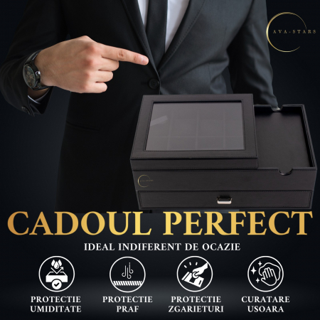 Cutie pentru ceasuri si accesorii, Exterior din Fibra de Carbon si Piele Ecologica, Geam transparent din Acril, 35x21x14cm, Negru [3]