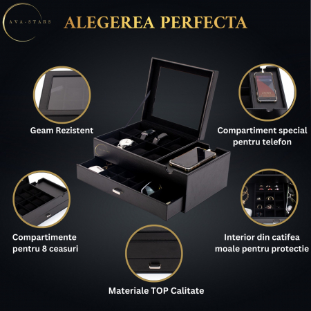 Cutie pentru ceasuri si accesorii, Exterior din Fibra de Carbon si Piele Ecologica, Geam transparent din Acril, 35x21x14cm, Negru [2]