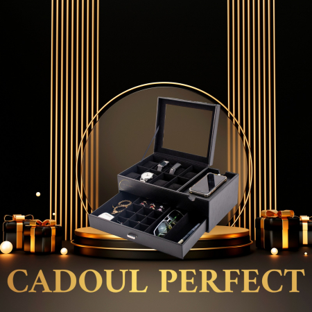 Cutie pentru ceasuri si accesorii, Exterior din Fibra de Carbon si Piele Ecologica, Geam transparent din Acril, 35x21x14cm, Negru [6]