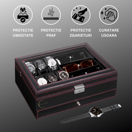 Cutie pentru depozitare ceasuri si accesorii, Caseta pentru organizat obiectele personale, Exterior din Fibra de Carbon, Geam transparent din Acril, 33x20x13cm, Negru [3]