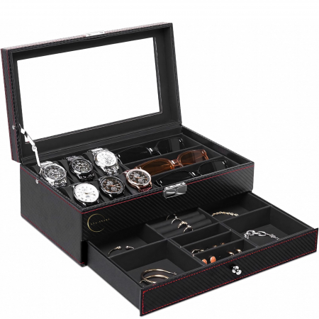 Cutie pentru depozitare ceasuri si accesorii, Caseta pentru organizat obiectele personale, Exterior din Fibra de Carbon, Geam transparent din Acril, 33x20x13cm, Negru [4]