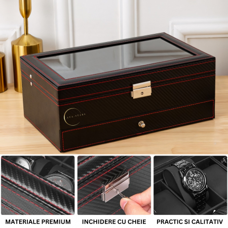 Cutie pentru depozitare ceasuri si accesorii, Caseta pentru organizat obiectele personale, Exterior din Fibra de Carbon, Geam transparent din Acril, 33x20x13cm, Negru [5]
