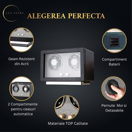 Cutie Premium de Intors 2 Ceasuri Automatice, Watch Winder, Interior din Catifea, Exterior din Piele, Alimentare la Priză sau Baterii [1]