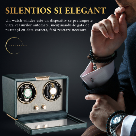 Cutie Premium de Intors 2 Ceasuri Automatice, Watch Winder, Verde Închis, Interior din Catifea, Exterior din Piele, Alimentare la Priză sau Baterii [1]