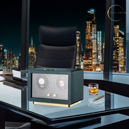 Cutie Premium de Intors 2 Ceasuri Automatice, Watch Winder, Verde Închis, Interior din Catifea, Exterior din Piele, Alimentare la Priză sau Baterii [6]