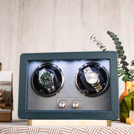 Cutie Premium de Intors 2 Ceasuri Automatice, Watch Winder, Verde Închis, Interior din Catifea, Exterior din Piele, Alimentare la Priză sau Baterii [8]