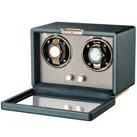 CUTII SI ACCESORII - Cutie Premium de Intors 2 Ceasuri Automatice, Watch Winder, Verde Închis, Interior din Catifea, Exterior din Piele, Alimentare la Priză sau Baterii