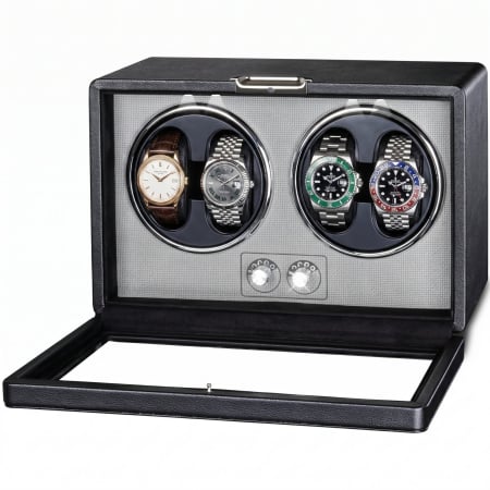 CUTII SI ACCESORII - Cutie Intors Ceasuri Automatice, Watch Winder Premium W163, Rotator pentru Ceasuri Automate cu 4 programe presetate, Iluminare LED, Alimentare la Priza sau Baterii