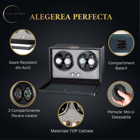 Cutie Premium de Intors 4 Ceasuri Automatice, Watch Winder, Interior din Catifea, Exterior din Piele, Alimentare la Priză sau Baterii [2]