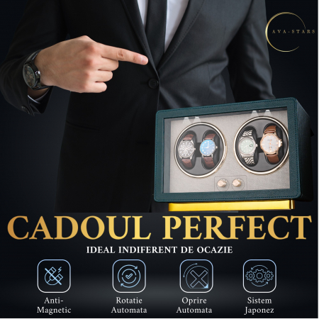 Cutie Premium de Intors 4 Ceasuri Automatice, Watch Winder, Verde Închis, Interior din Catifea, Exterior din Piele, Alimentare la Priză sau Baterii [4]