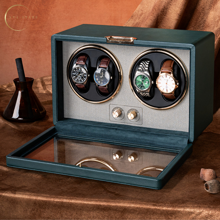 Cutie Premium de Intors 4 Ceasuri Automatice, Watch Winder, Verde Închis, Interior din Catifea, Exterior din Piele, Alimentare la Priză sau Baterii [6]