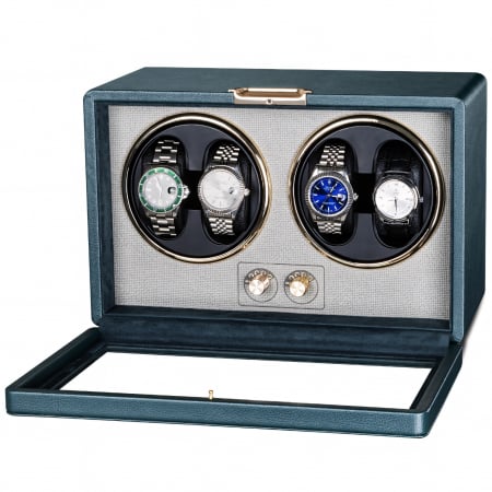CUTII SI ACCESORII - Cutie Premium de Intors 4 Ceasuri Automatice, Watch Winder, Verde Închis, Interior din Catifea, Exterior din Piele, Alimentare la Priză sau Baterii