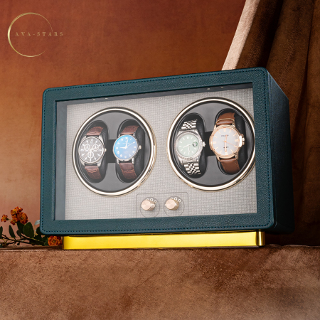 Cutie Premium de Intors 4 Ceasuri Automatice, Watch Winder, Verde Închis, Interior din Catifea, Exterior din Piele, Alimentare la Priză sau Baterii [7]