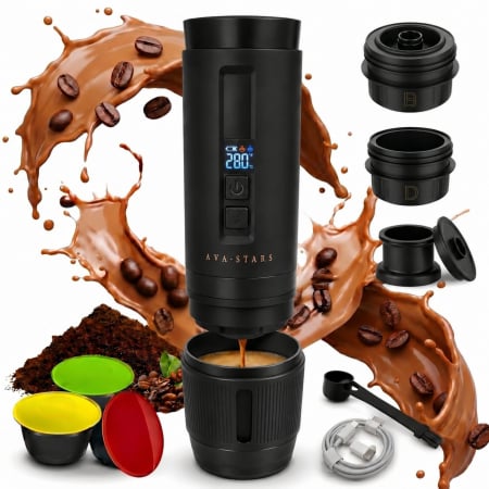 CALATORIE SI OUTDOOR - Espressor Portabil, Aparat de Cafea Portabil pentru Capsule Dolce Gusto, Capsule Nespresso, Cafea Macinata, Incalzeste Apa, 30 Bari, Baterie 9600 mAh, Rezervor 100 ml