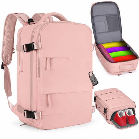CALATORIE SI OUTDOOR - Rucsac de Dama pentru Calatorie, Compartiment Incaltaminte si Haine Umede, Laptop pana la 17", Impermeabil, Port USB, Cifru Antifurt, Ideal pentru Femei, Zboruri, Business sau Sport