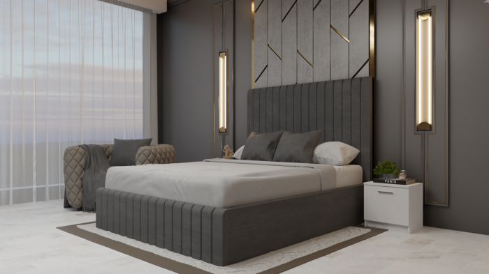 Dormitor Cairo Pat Tapitat Dressing 2 Usi Cu Oglinda Alb [3]