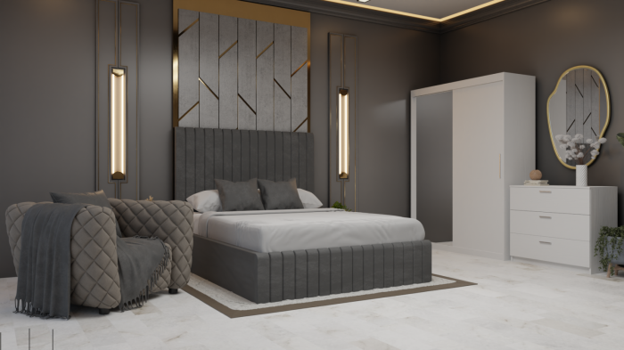 Dormitor Cairo Pat Tapitat Dressing 2 Usi Cu Oglinda Alb [2]