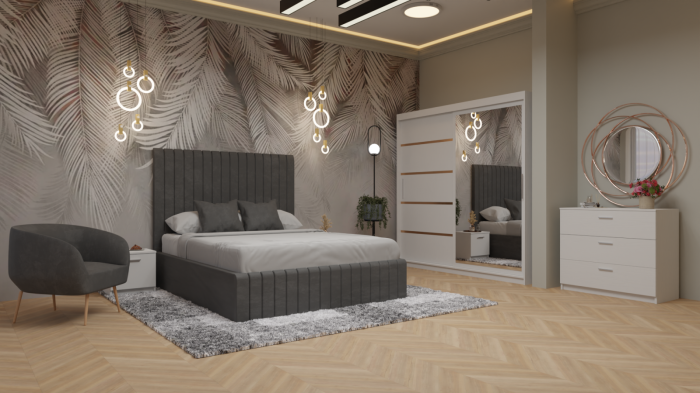 Dormitor Cairo Pat Tapitat Dressing 200x200 Alb Cu Oglinda [2]