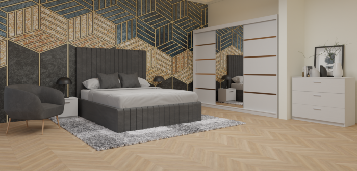 Dormitor Cairo Tapitat Dressing 250x200 3 Usi Cu Oglinda Alb [2]