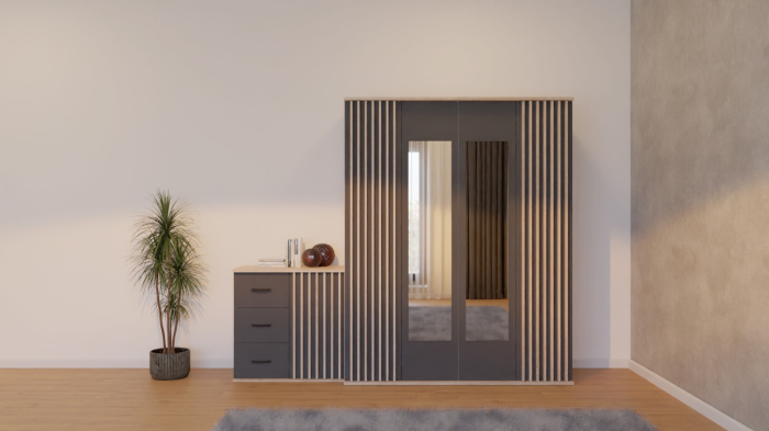 Dormitor Dallas Cu Pat Regal Tapitat Gri [4]