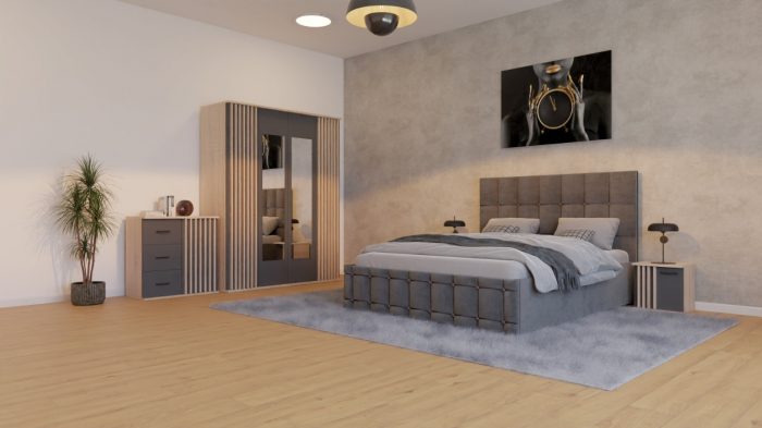 Dormitor Dallas Cu Pat Regal Tapitat Gri [5]