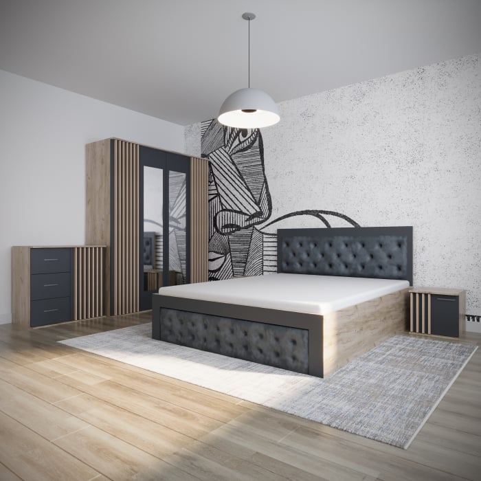 Dormitor Dallas Tapitat Stejar K002 & Gri Antracit [1]