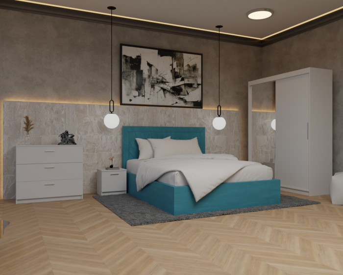 Dormitor Lotus Pat Tapitat Dressing 150x200 Alb 2 usi cu Oglinda [2]